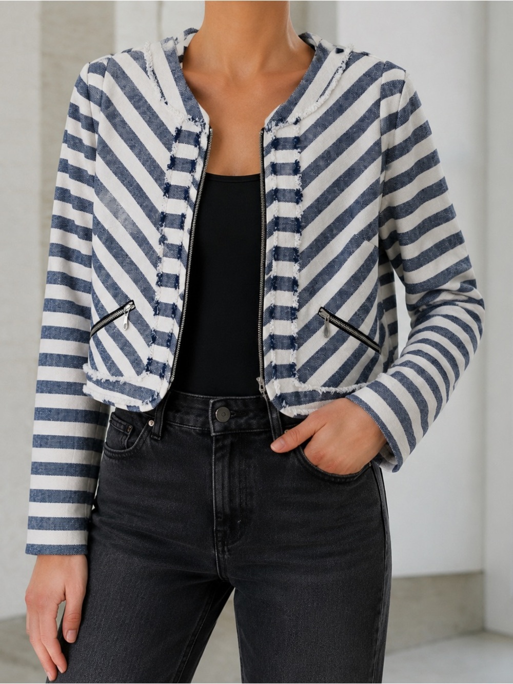 Rebecca Minkoff Salinas Blue White Striped Croped Bomber Jacket Size 2